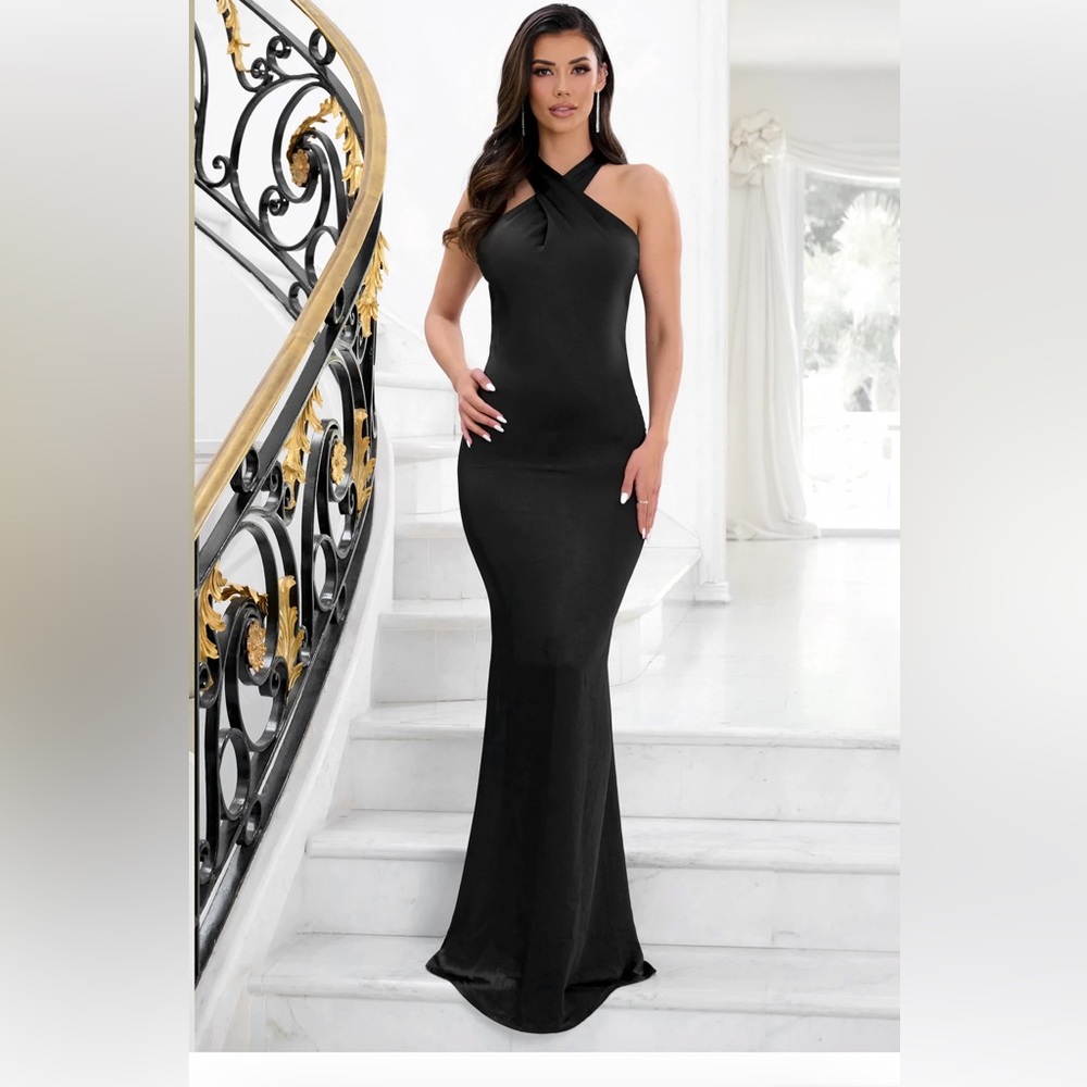 Club L London Black Satin Crossover Halter Maxi Dress